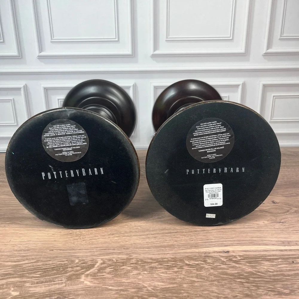 Pottery Barn Turned Wood Pillar Candle Holder Set 2 10in Dark Brown Espresso